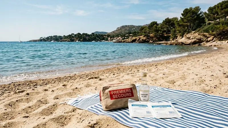 Plage française méditerranéenne en fin de matinée d'été avec sable clair et mer turquoise en second plan, trousse de premiers secours avec vinaigre blanc et compresses stériles posée sur une serviette de plage dépliée, ambiance calme documentaire aucun humain visible