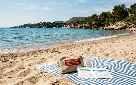 Plage française méditerranéenne en fin de matinée d'été avec sable clair et mer turquoise en second plan, trousse de premiers secours avec vinaigre blanc et compresses stériles posée sur une serviette de plage dépliée, ambiance calme documentaire aucun humain visible