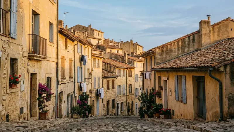 Vue urbaine de Marseille en fin de journée d'été avec bâtiments anciens du Panier en pierre claire et toits de tuiles rouges au premier plan, ambiance méditerranéenne lumière chaude déclinante sans passant visible