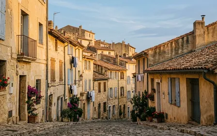 Vue urbaine de Marseille en fin de journée d'été avec bâtiments anciens du Panier en pierre claire et toits de tuiles rouges au premier plan, ambiance méditerranéenne lumière chaude déclinante sans passant visible
