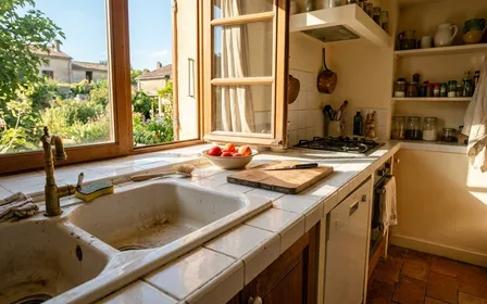 Cuisine française claire avec plan de travail carrelé et rayons de soleil filtrant par la fenêtre entrouverte, ambiance chaude d'après-midi de canicule sans humain ni insecte visible, focus documentaire sur les jointures près de l'évier