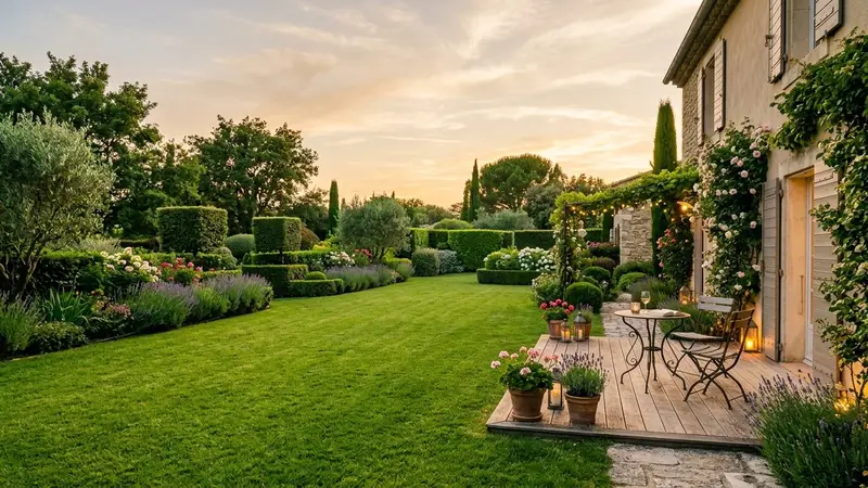 Jardin français résidentiel en fin de journée d'été avec pelouse verte, arbustes taillés et terrasse en bois éclairée, ambiance calme lumière chaude déclinante sans personne visible