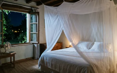 Chambre à coucher d'été éclairée par la lune avec moustiquaire blanche translucide autour du lit et lit avec drap blanc en arrière-plan flou