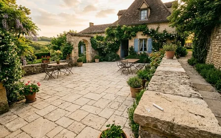 Terrasse française en pierre claire de fin d'après-midi d'été avec sol propre et bâton de craie blanc posé sur la dernière dalle, ambiance calme documentaire sans humain ni insecte visible