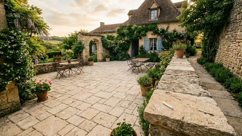 Terrasse française en pierre claire de fin d'après-midi d'été avec sol propre et bâton de craie blanc posé sur la dernière dalle, ambiance calme documentaire sans humain ni insecte visible