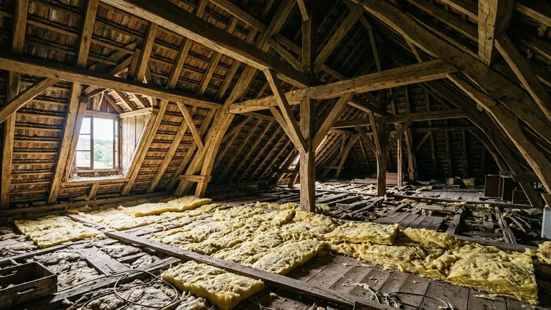 Grenier français ancien avec charpente en bois apparente et isolation en laine de verre visible au sol, ambiance sobre lumière naturelle filtrée par une lucarne en fin de matinée, aucune personne ni animal visible