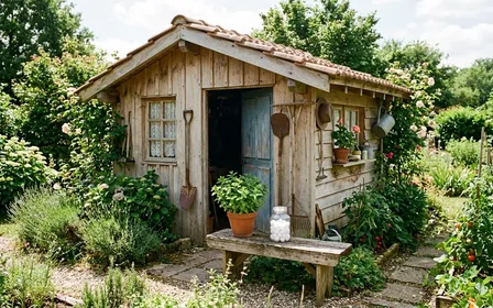 Cabanon de jardin français en bois clair avec petite bordure de menthe fraîche en pot et bocal en verre contenant des cotons blancs posé sur une planche extérieure, ambiance jardin lumière chaude de fin de matinée sans humain ni animal visible
