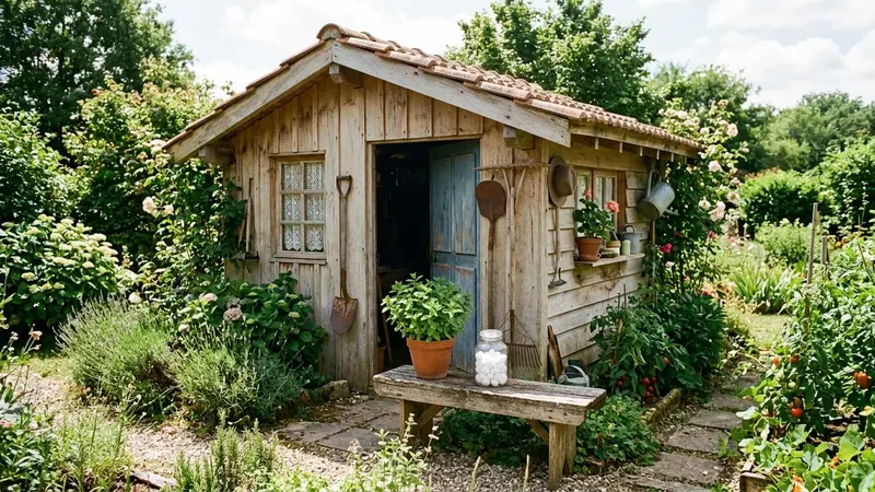 Cabanon de jardin français en bois clair avec petite bordure de menthe fraîche en pot et bocal en verre contenant des cotons blancs posé sur une planche extérieure, ambiance jardin lumière chaude de fin de matinée sans humain ni animal visible