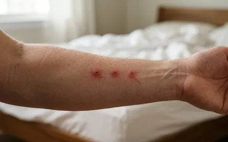 Avant-bras d'adulte avec trois piqûres rouges alignées en ligne droite caractéristiques de punaises de lit en plan rapproché