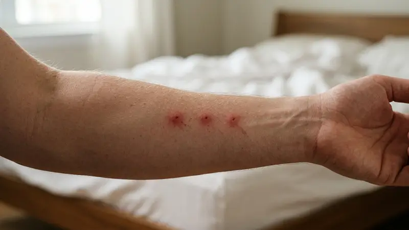 Avant-bras d'adulte avec trois piqûres rouges alignées en ligne droite caractéristiques de punaises de lit en plan rapproché