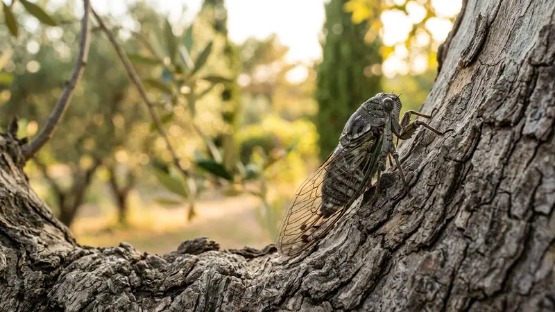 Cigale grise méditerranéenne posée sur un tronc de platane sous une lumière chaude de fin d'après-midi dans un jardin du sud de la France