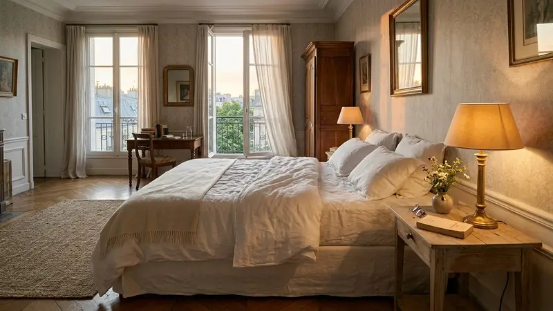 Chambre française élégante en fin de journée avec lit défait aux draps blancs impeccables et lampe de chevet allumée, ambiance sobre lumière chaude déclinante documentaire sans humain visible