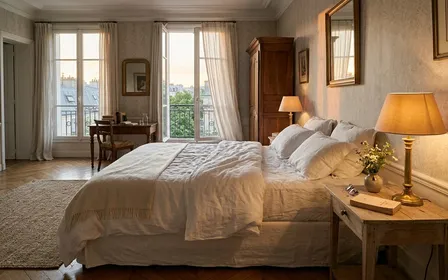 Chambre française élégante en fin de journée avec lit défait aux draps blancs impeccables et lampe de chevet allumée, ambiance sobre lumière chaude déclinante documentaire sans humain visible