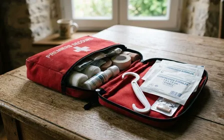 Trousse de premiers secours ouverte posée sur une table en bois avec tire-tique blanc caractéristique en forme de crochet et compresses stériles blanches à côté, ambiance calme documentaire lumière naturelle de fin de matinée d'été sans humain visible