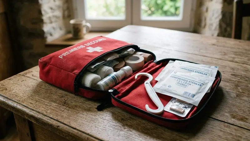 Trousse de premiers secours ouverte posée sur une table en bois avec tire-tique blanc caractéristique en forme de crochet et compresses stériles blanches à côté, ambiance calme documentaire lumière naturelle de fin de matinée d'été sans humain visible