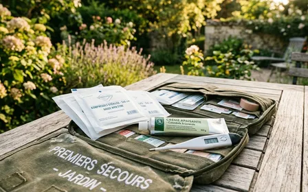 Trousse de premiers secours de jardin ouverte posée sur une table en bois clair avec compresses stériles blanches, crème apaisante et petit thermomètre, ambiance calme documentaire lumière chaude de fin d'après-midi d'été sans humain visible