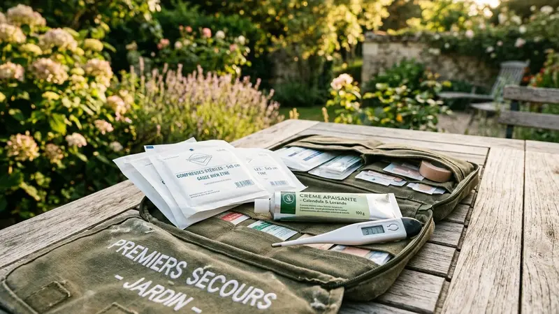 Trousse de premiers secours de jardin ouverte posée sur une table en bois clair avec compresses stériles blanches, crème apaisante et petit thermomètre, ambiance calme documentaire lumière chaude de fin d'après-midi d'été sans humain visible