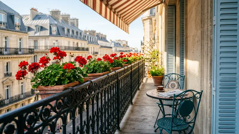 Balcon parisien moderne en fer forgé avec géraniums rouges et lumière dorée de matinée sans pigeon visible sur la rambarde