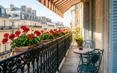 Balcon parisien moderne en fer forgé avec géraniums rouges et lumière dorée de matinée sans pigeon visible sur la rambarde