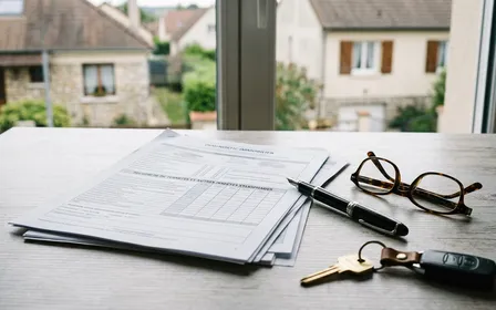Document de diagnostic immobilier termites posé sur un bureau en bois clair avec stylo en arrière-plan et maison française visible par la fenêtre