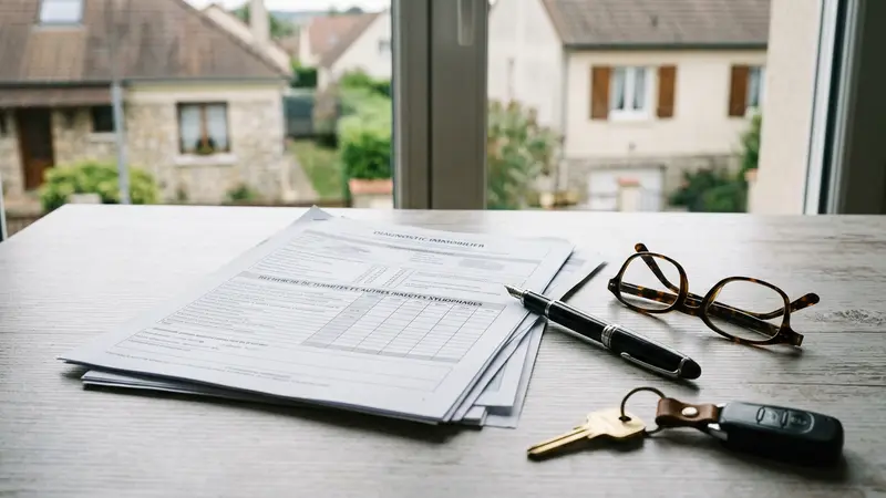 Document de diagnostic immobilier termites posé sur un bureau en bois clair avec stylo en arrière-plan et maison française visible par la fenêtre