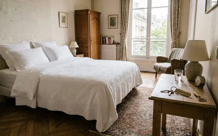Chambre française meublée d'un appartement en location avec lit fait aux draps blancs impeccables et clés posées sur la table de chevet en bois clair, ambiance calme documentaire lumière naturelle de fin de matinée sans humain visible