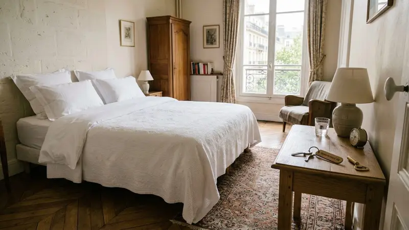 Chambre française meublée d'un appartement en location avec lit fait aux draps blancs impeccables et clés posées sur la table de chevet en bois clair, ambiance calme documentaire lumière naturelle de fin de matinée sans humain visible