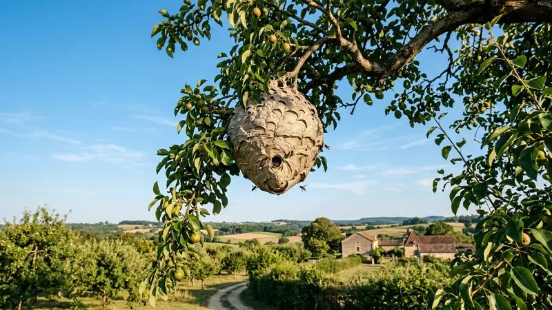 Nid globuleux gris-beige de frelons asiatiques suspendu à une haute branche d'arbre fruitier français en été avec feuillage vert autour et ciel bleu clair en fond, ambiance rurale calme documentaire lumière chaude fin d'après-midi d'août aucune personne visible