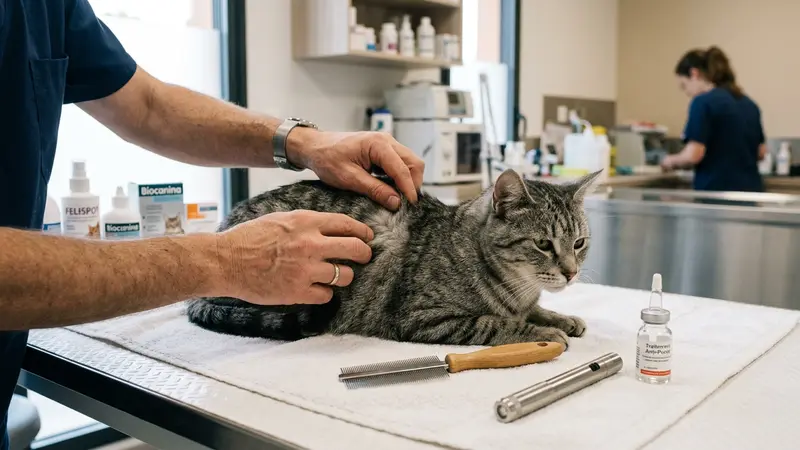 Vétérinaire vérifiant le pelage d'un chat tigré sur une table d'examen avec lampe et peigne anti-puces visibles à proximité