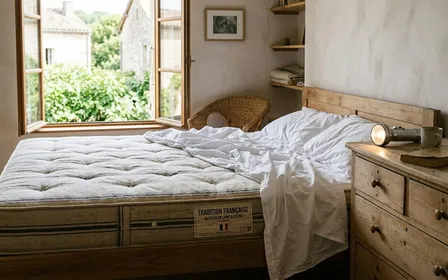 Matelas français retourné dans une chambre lumineuse avec draps blancs impeccables défaits sur le côté et lampe torche allumée posée à côté, ambiance sobre documentaire lumière naturelle de fin de matinée d'été sans humain visible