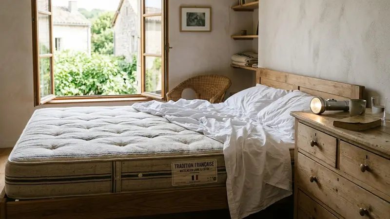 Matelas français retourné dans une chambre lumineuse avec draps blancs impeccables défaits sur le côté et lampe torche allumée posée à côté, ambiance sobre documentaire lumière naturelle de fin de matinée d'été sans humain visible