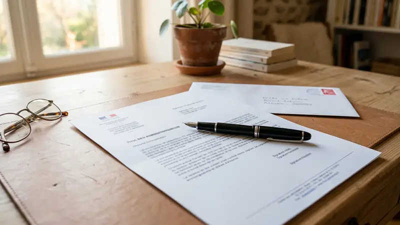 Lettre administrative française imprimée posée sur un bureau en bois clair avec stylo plume noir et enveloppe blanche en arrière-plan