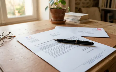 Lettre administrative française imprimée posée sur un bureau en bois clair avec stylo plume noir et enveloppe blanche en arrière-plan