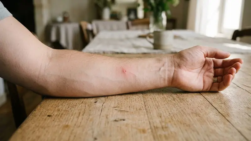 Peau claire d'un avant-bras humain posé sur une table en bois clair avec petite trace rouge légère caractéristique d'une piqûre d'insecte, ambiance sobre documentaire lumière naturelle douce de fin de matinée aucun humain visible en entier
