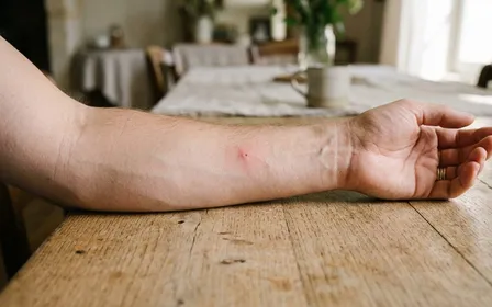 Peau claire d'un avant-bras humain posé sur une table en bois clair avec petite trace rouge légère caractéristique d'une piqûre d'insecte, ambiance sobre documentaire lumière naturelle douce de fin de matinée aucun humain visible en entier