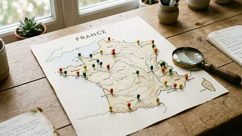 Carte de France stylisée en teintes bleues posée sur un bureau en bois clair avec petits repères géographiques colorés et loupe posée à côté, ambiance calme documentaire lumière naturelle douce sans humain visible