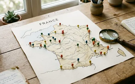 Carte de France stylisée en teintes bleues posée sur un bureau en bois clair avec petits repères géographiques colorés et loupe posée à côté, ambiance calme documentaire lumière naturelle douce sans humain visible