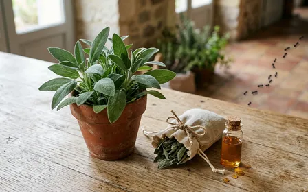 Bouquet de sauge officinale fraîche aux feuilles vert grisâtre posé sur une table en bois clair de cuisine française avec une rangée de fourmis floue au sol