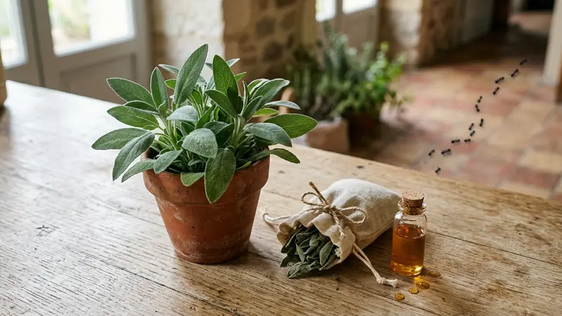 Bouquet de sauge officinale fraîche aux feuilles vert grisâtre posé sur une table en bois clair de cuisine française avec une rangée de fourmis floue au sol