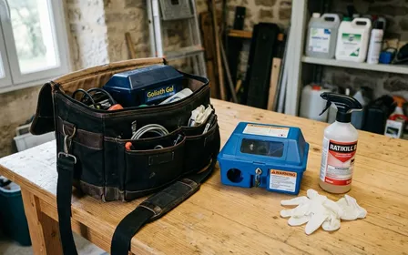 Sacoche professionnelle de dératisation ouverte posée sur une table en bois clair avec poste d'appâtage sécurisé bleu, gants nitrile blancs et flacon d'appât professionnel visible, ambiance sobre documentaire lumière naturelle douce sans humain visible