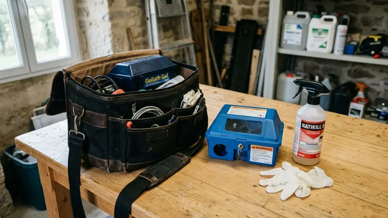 Sacoche professionnelle de dératisation ouverte posée sur une table en bois clair avec poste d'appâtage sécurisé bleu, gants nitrile blancs et flacon d'appât professionnel visible, ambiance sobre documentaire lumière naturelle douce sans humain visible