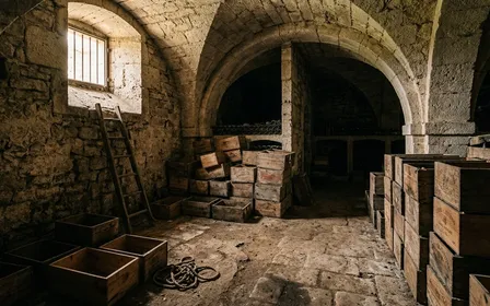 Cave française ancienne avec murs en pierre apparente et vieilles caisses en bois vides au sol, ambiance sobre lumière filtrée par un soupirail en fin d'après-midi documentaire aucun humain ni animal visible