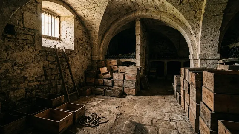 Cave française ancienne avec murs en pierre apparente et vieilles caisses en bois vides au sol, ambiance sobre lumière filtrée par un soupirail en fin d'après-midi documentaire aucun humain ni animal visible