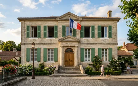 Façade en pierre d'une mairie française avec drapeau tricolore visible et passage couvert avec lumière dorée de fin d'après-midi