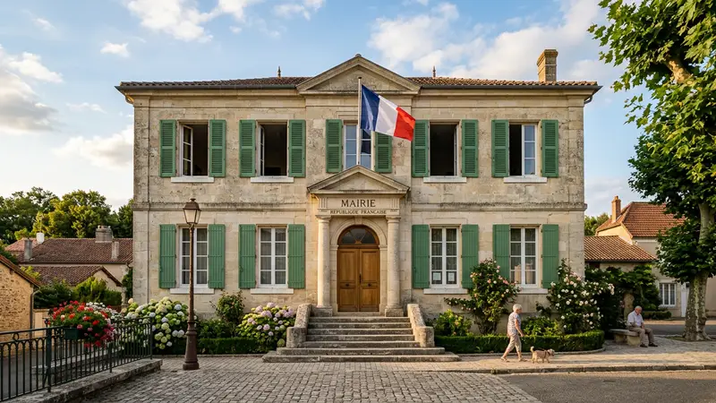Façade en pierre d'une mairie française avec drapeau tricolore visible et passage couvert avec lumière dorée de fin d'après-midi