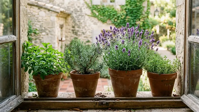 Pots en terre cuite alignés sur le rebord d'une fenêtre en bois avec menthe verte, romarin et lavande en pleine croissance, lumière naturelle douce de fin de matinée d'été aucun humain visible, ambiance sobre documentaire