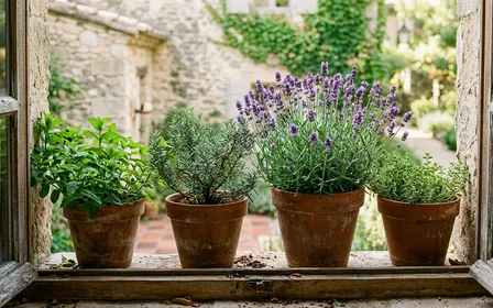 Pots en terre cuite alignés sur le rebord d'une fenêtre en bois avec menthe verte, romarin et lavande en pleine croissance, lumière naturelle douce de fin de matinée d'été aucun humain visible, ambiance sobre documentaire