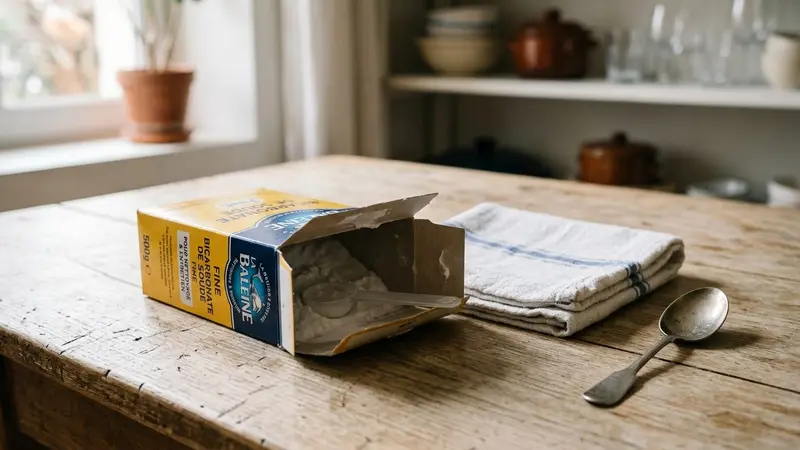 Boîte de bicarbonate de soude ouverte posée sur une table en bois clair à côté d'un chiffon plié en coton, ambiance sobre lumière naturelle douce de fin de matinée aucun humain visible, plan rapproché documentaire