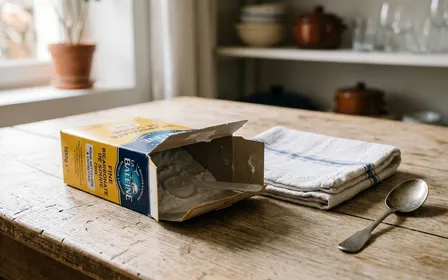 Boîte de bicarbonate de soude ouverte posée sur une table en bois clair à côté d'un chiffon plié en coton, ambiance sobre lumière naturelle douce de fin de matinée aucun humain visible, plan rapproché documentaire