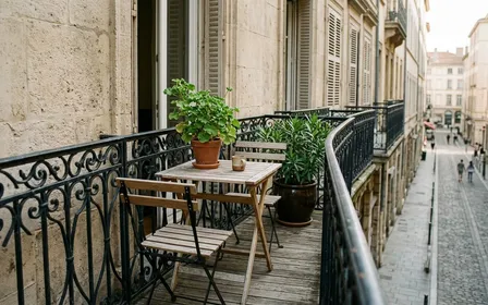 Balcon français en fer forgé avec table extérieure en bois et pot de plante verte, ambiance sobre lumière naturelle douce de fin d'après-midi d'été aucun humain ni insecte visible, plan large documentaire